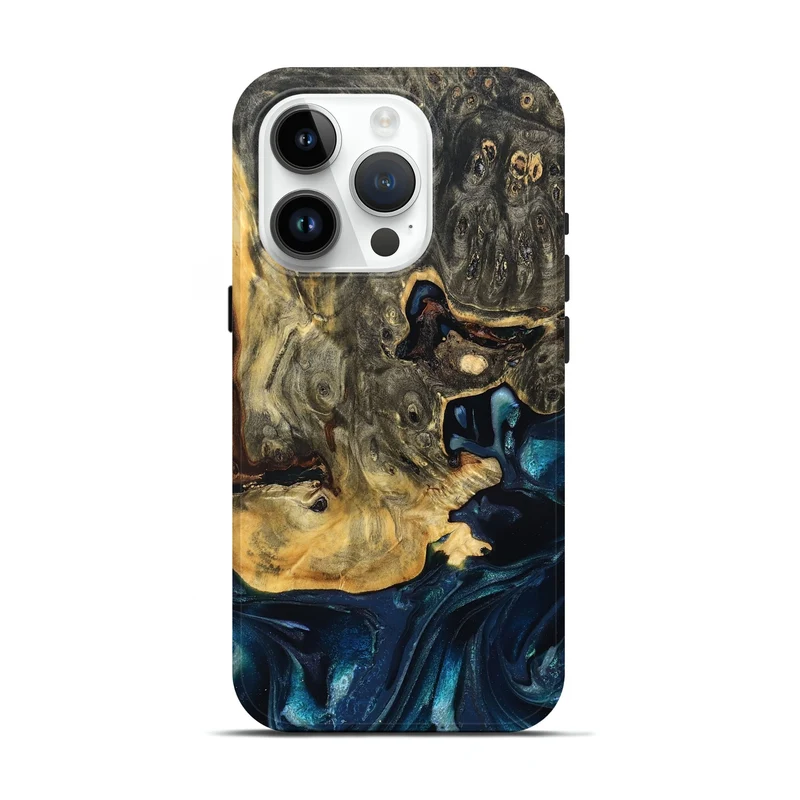 iPhone 15 Pro Wood Live Edge Phone Case - Khloe (Teal & Gold, 830243)