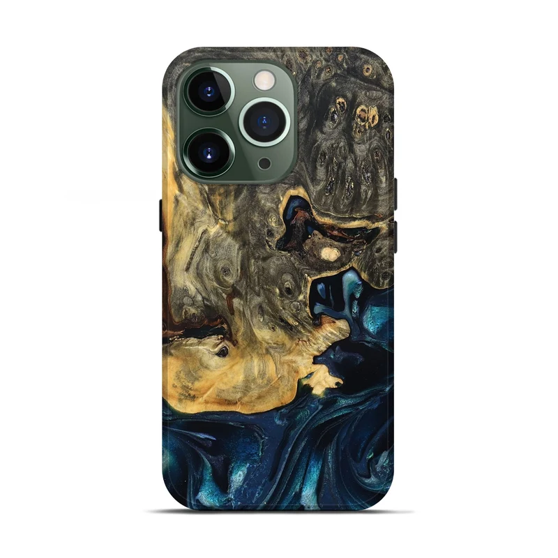 iPhone 13 Pro Wood Live Edge Phone Case - Khloe (Teal & Gold, 830243)