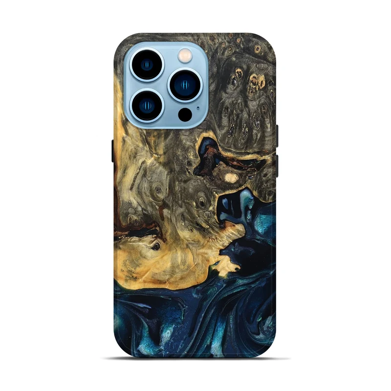 iPhone 14 Pro Wood Live Edge Phone Case - Khloe (Teal & Gold, 830243)