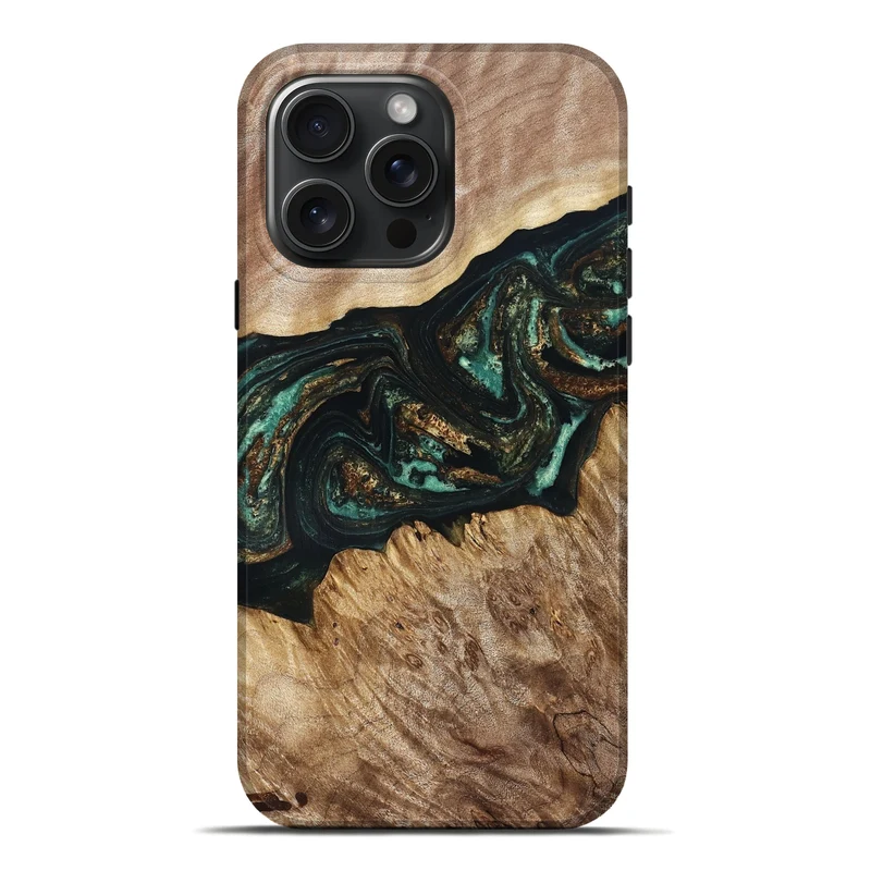 iPhone 16 Pro Max Wood Live Edge Phone Case - Deena (Teal & Gold, 830241)