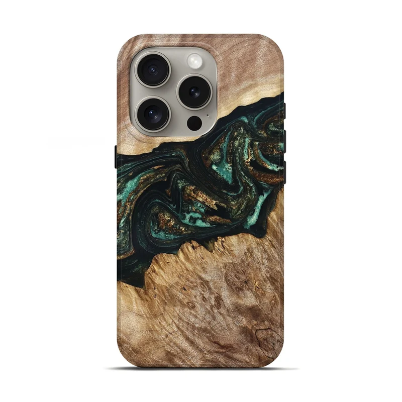 iPhone 16 Pro Wood Live Edge Phone Case - Deena (Teal & Gold, 830241)