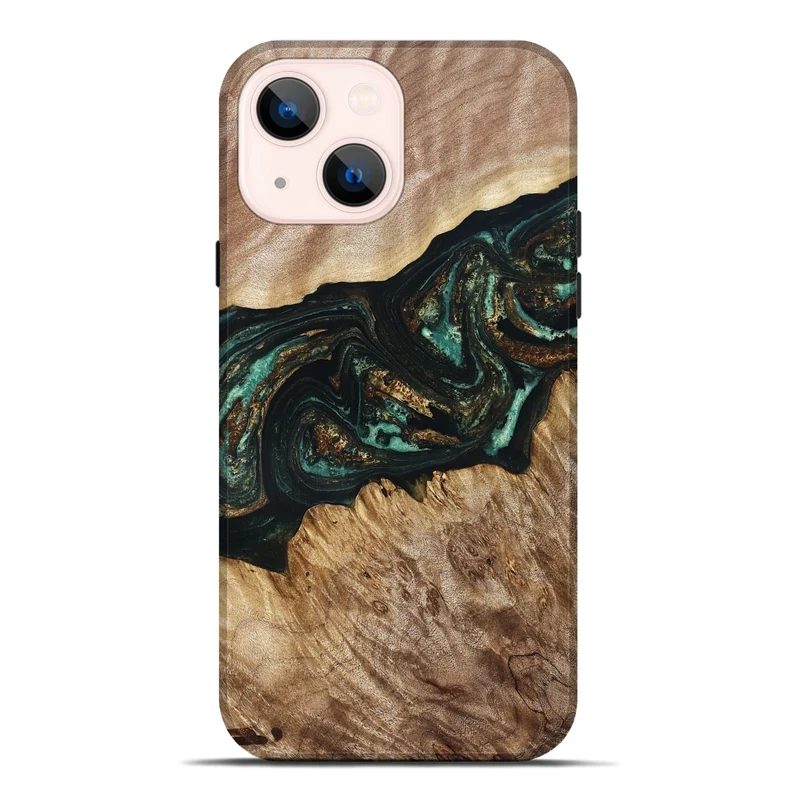iPhone 14 Plus Wood Live Edge Phone Case - Deena (Teal & Gold, 830241)