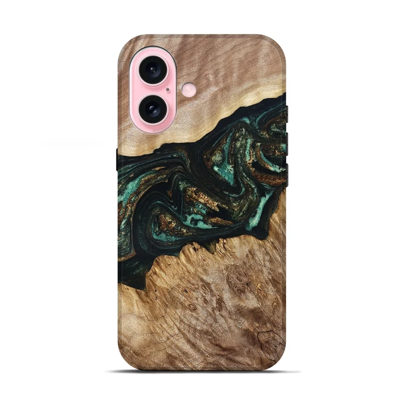 iPhone 17 Wood Live Edge Phone Case - Deena (Teal & Gold, 830241)