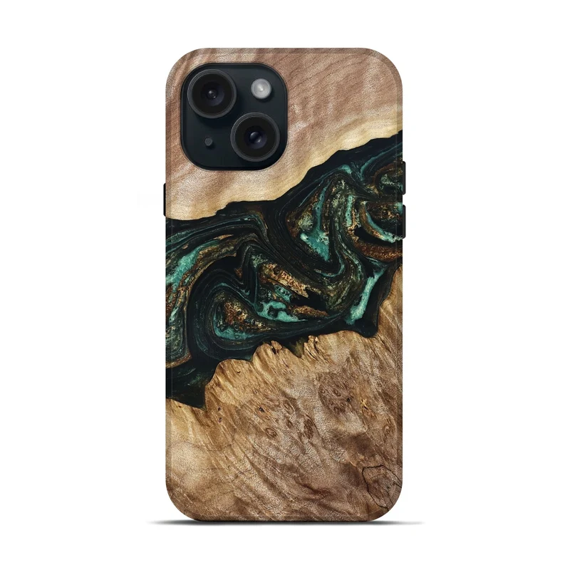 iPhone 15 Wood Live Edge Phone Case - Deena (Teal & Gold, 830241)