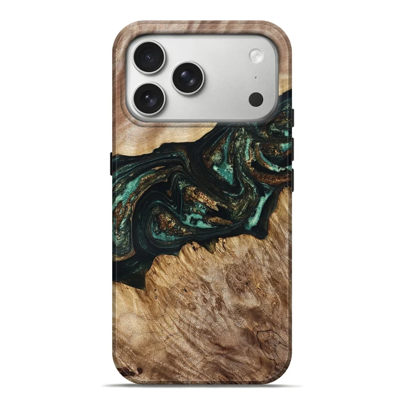 iPhone 17 Pro Max Wood Live Edge Phone Case - Deena (Teal & Gold, 830241)