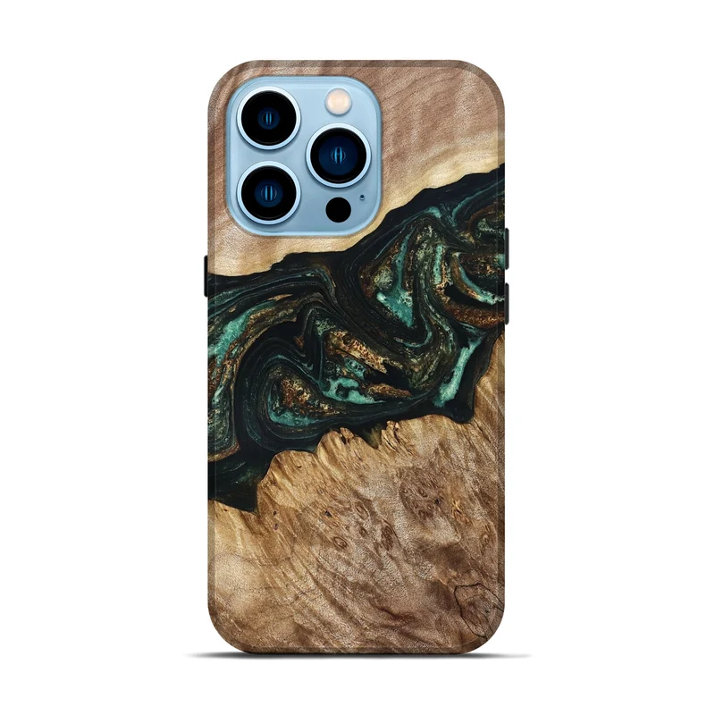 iPhone 14 Pro Wood Live Edge Phone Case - Deena (Teal & Gold, 830241)