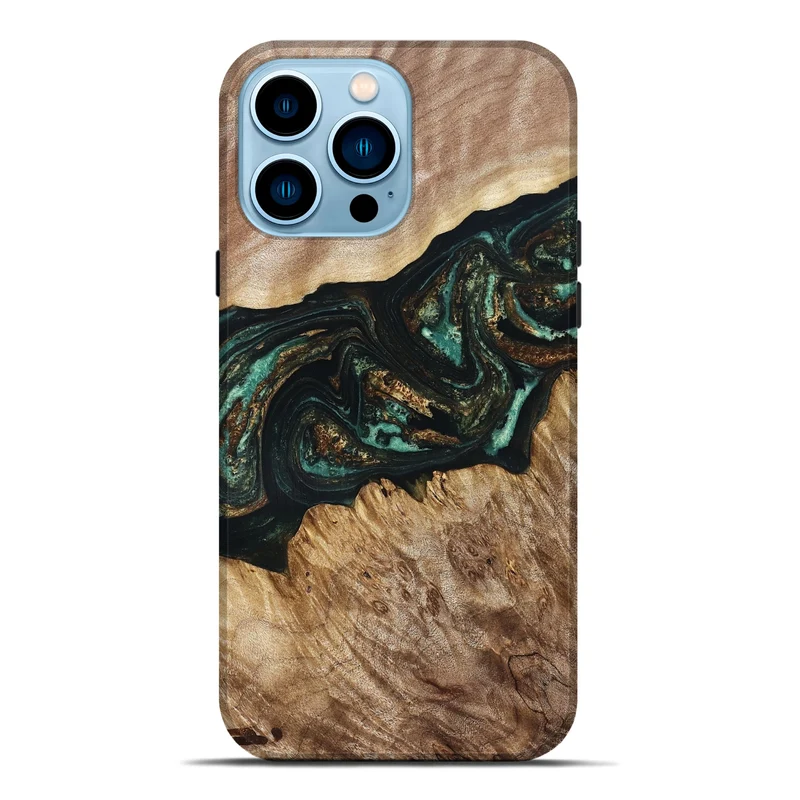 iPhone 14 Pro Max Wood Live Edge Phone Case - Deena (Teal & Gold, 830241)