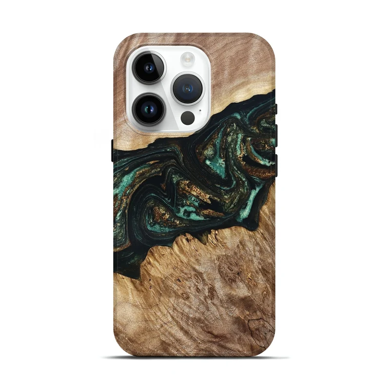iPhone 15 Pro Wood Live Edge Phone Case - Deena (Teal & Gold, 830241)