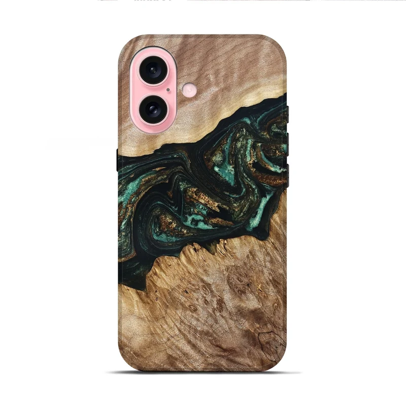 iPhone 16 Wood Live Edge Phone Case - Deena (Teal & Gold, 830241)