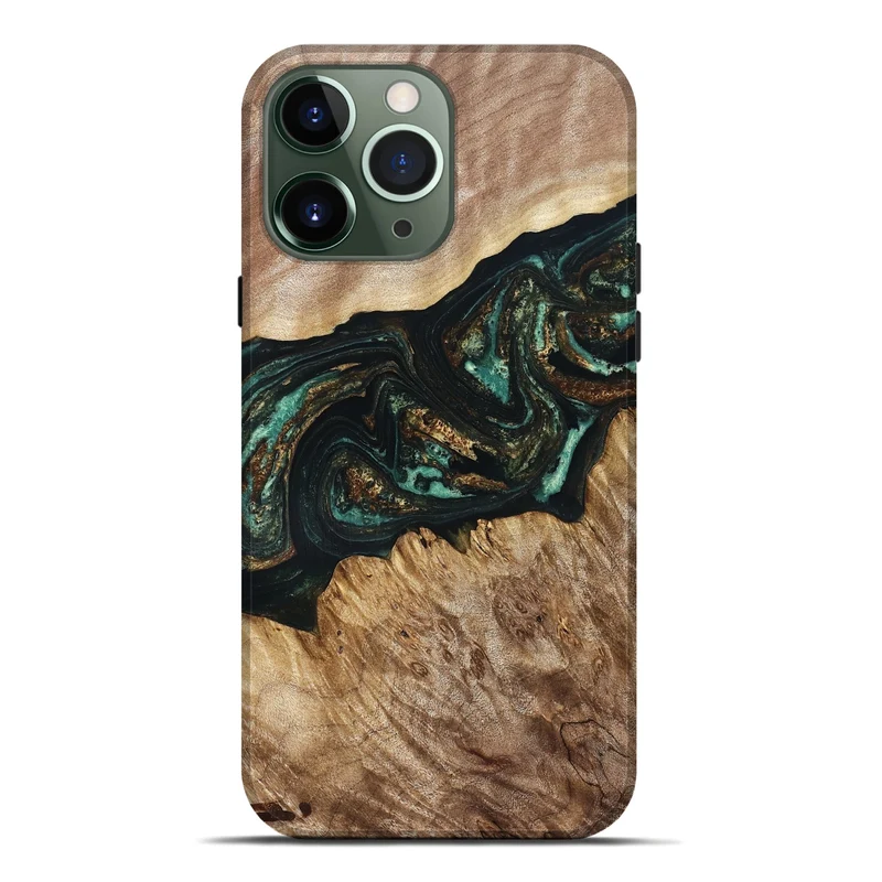 iPhone 13 Pro Max Wood Live Edge Phone Case - Deena (Teal & Gold, 830241)