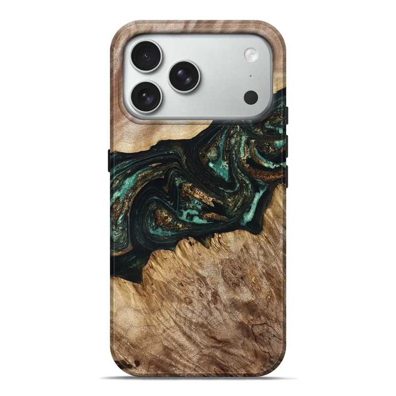 iPhone 18 Pro Max Wood Live Edge Phone Case - Deena (Teal & Gold, 830241)