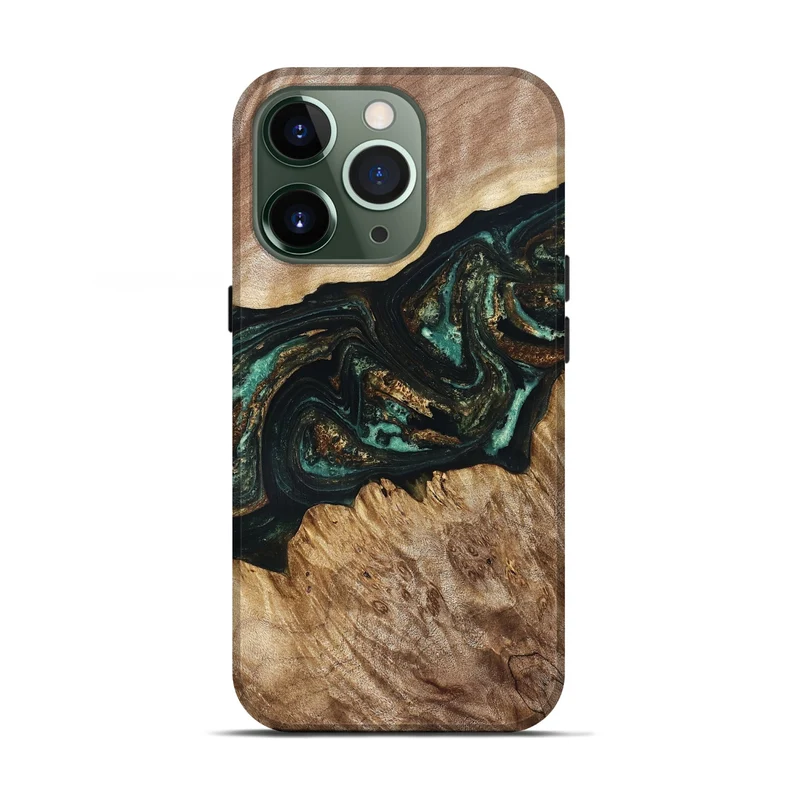 iPhone 13 Pro Wood Live Edge Phone Case - Deena (Teal & Gold, 830241)