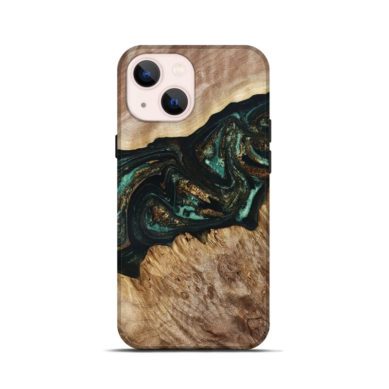 iPhone 13 mini Wood Live Edge Phone Case - Deena (Teal & Gold, 830241)