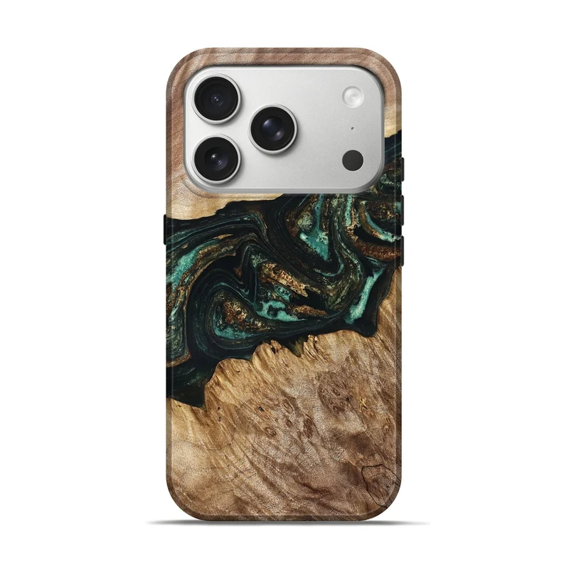 iPhone 17 Pro Wood Live Edge Phone Case - Deena (Teal & Gold, 830241)