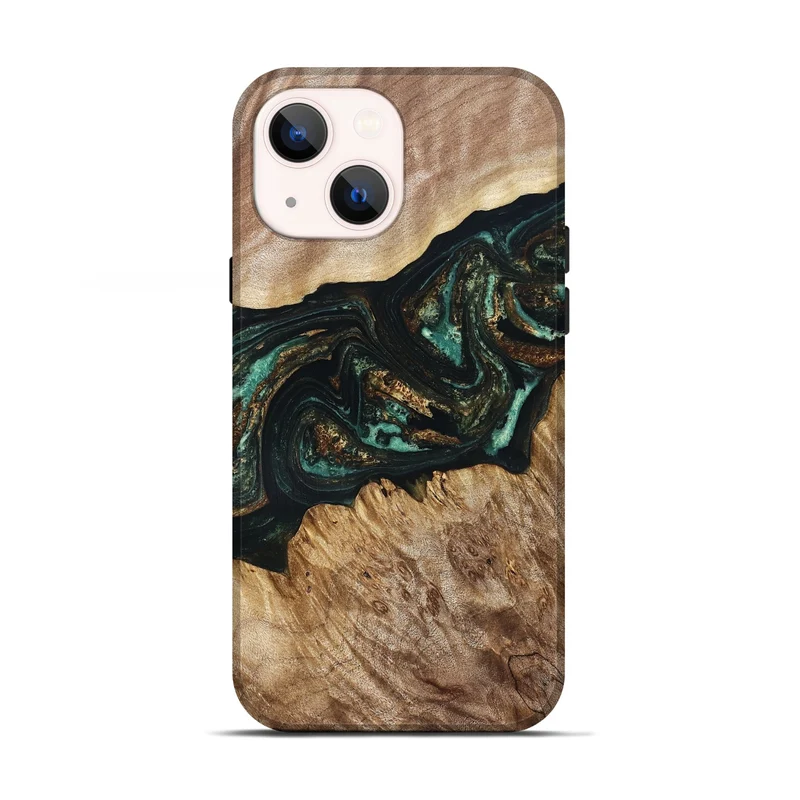 iPhone 13 Wood Live Edge Phone Case - Deena (Teal & Gold, 830241)