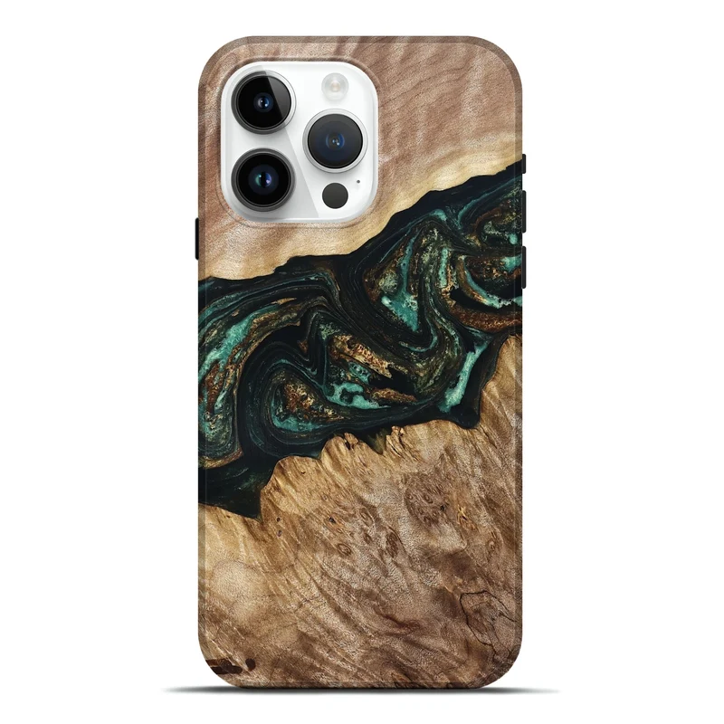 iPhone 15 Pro Max Wood Live Edge Phone Case - Deena (Teal & Gold, 830241)