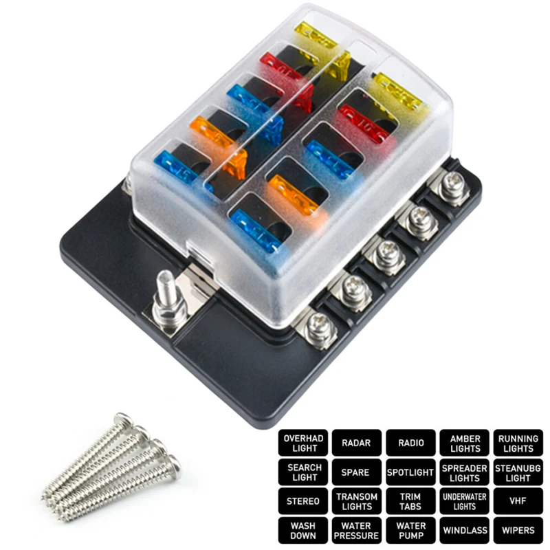 Scatola portafusibili a lama standard a 10 vie con fusibili ed etichette/connessioni con perno