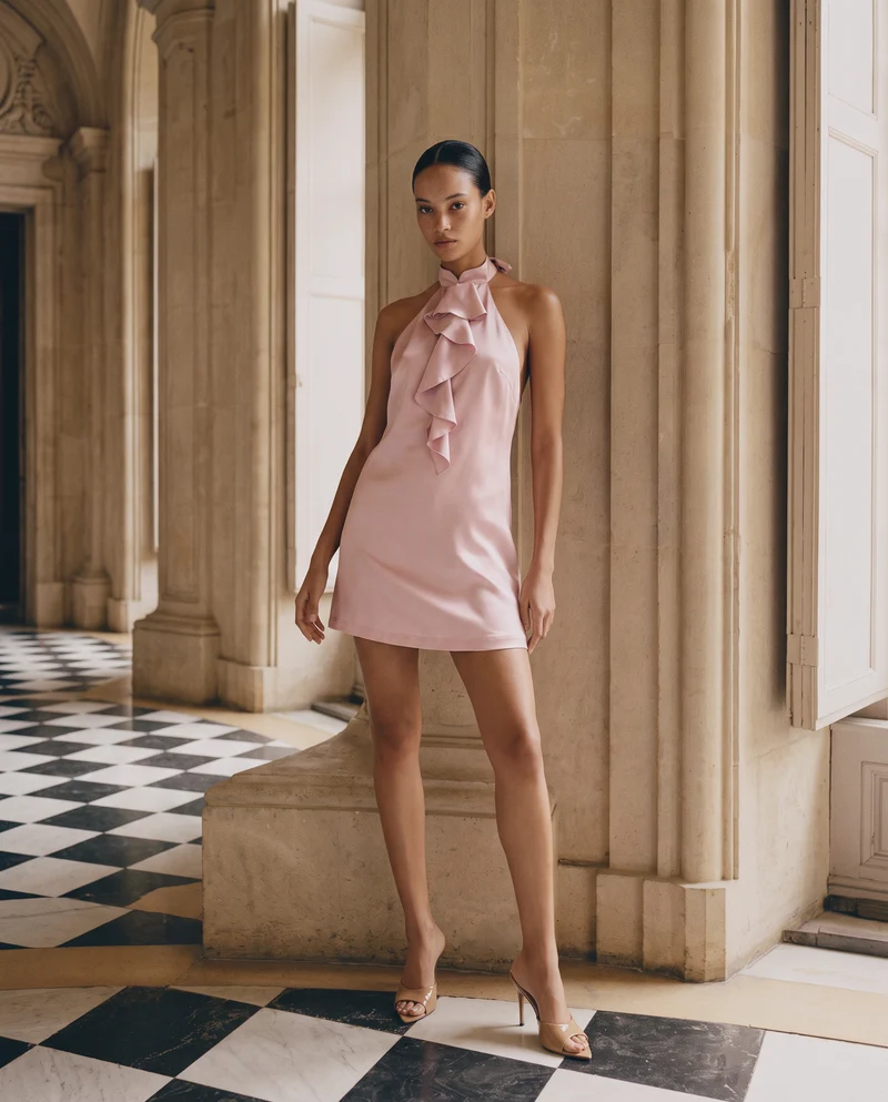 Abito corto in raso con scollo all'americana e rouches - Rosa antico