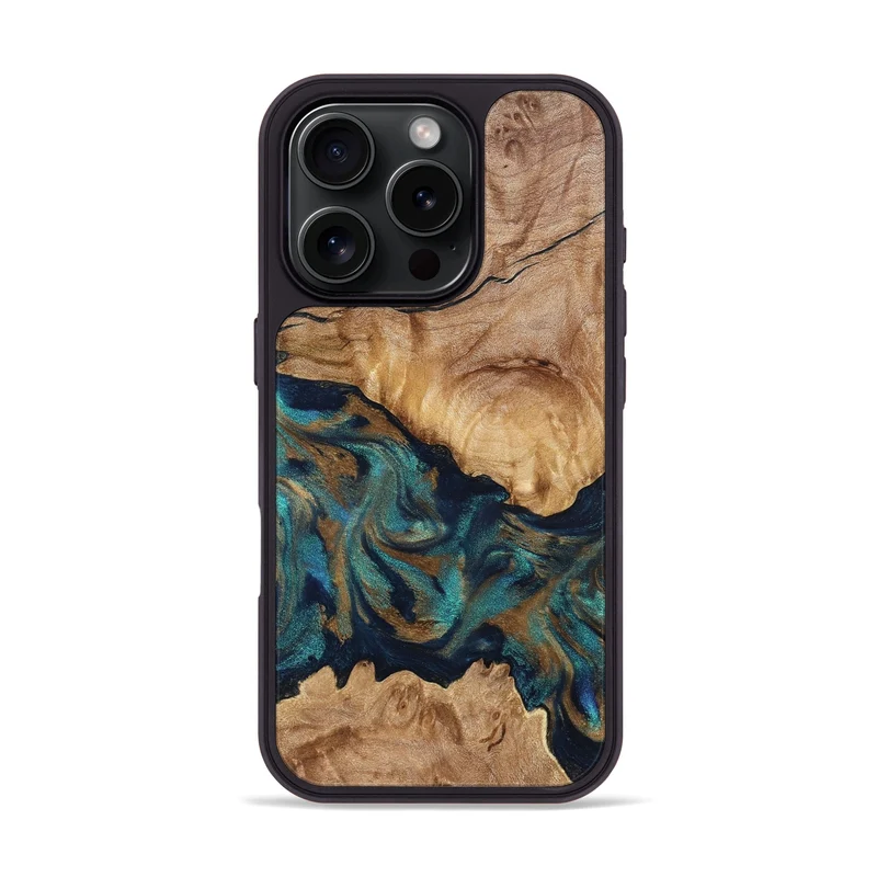 iPhone 16 Pro Wood Phone Case - Makaila (Teal & Gold, 829711)