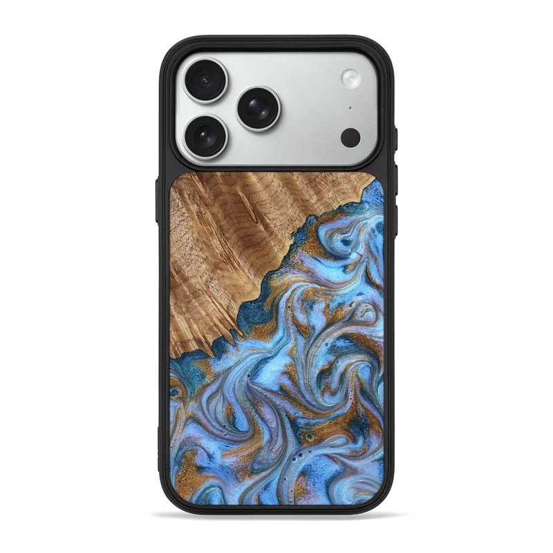 iPhone 18 Pro Max Wood Phone Case - Ensley (Teal & Gold, 830193)
