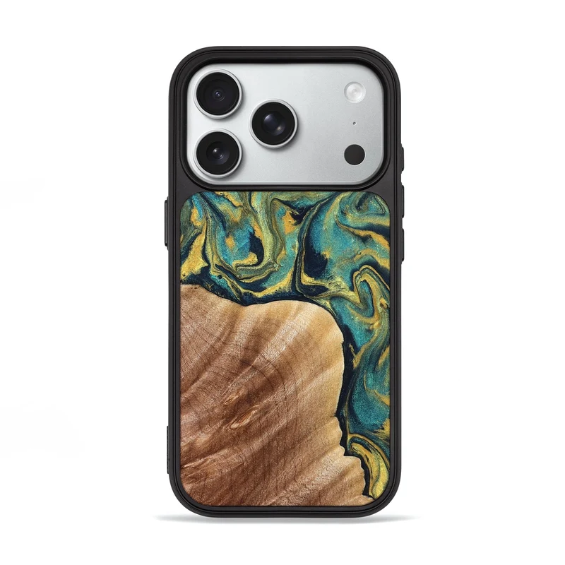 iPhone 18 Pro Wood Phone Case - Julius (Teal & Gold, 830006)
