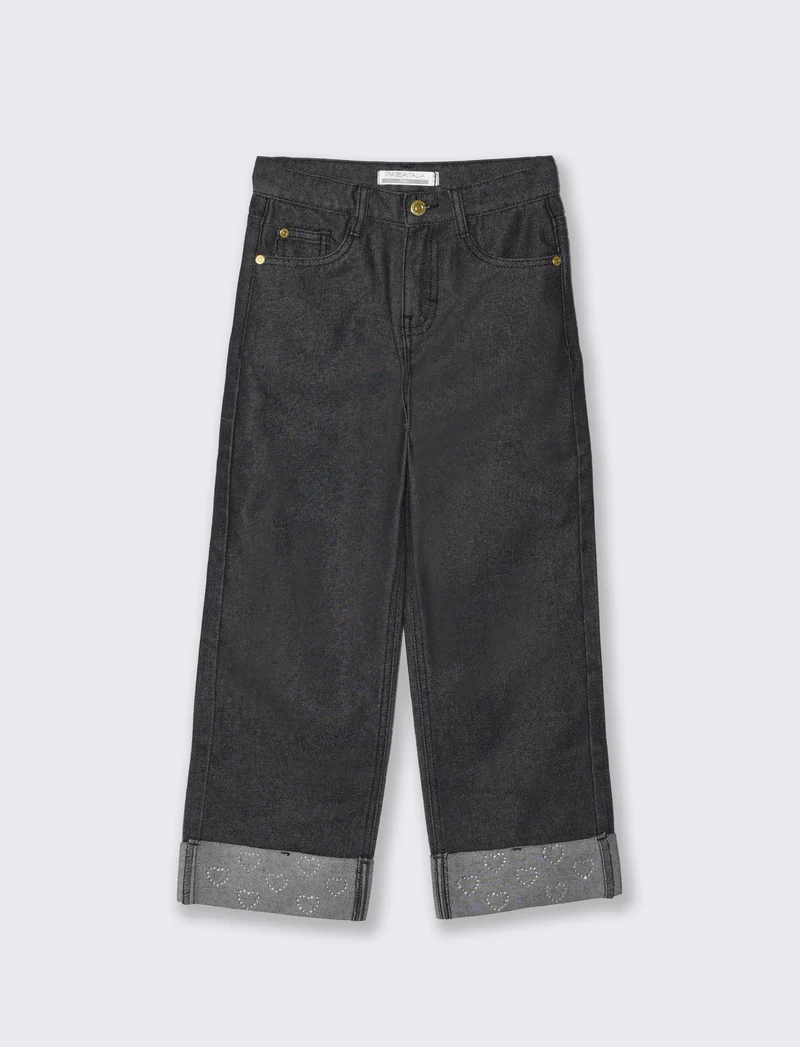 Jeans gamba ampia con strass da bambina - Nero