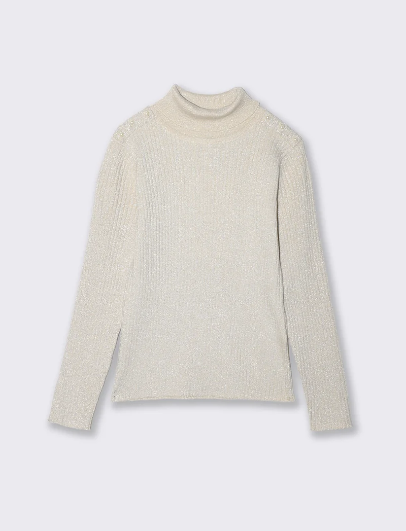 Maglia collo alto bambina in costina - Beige