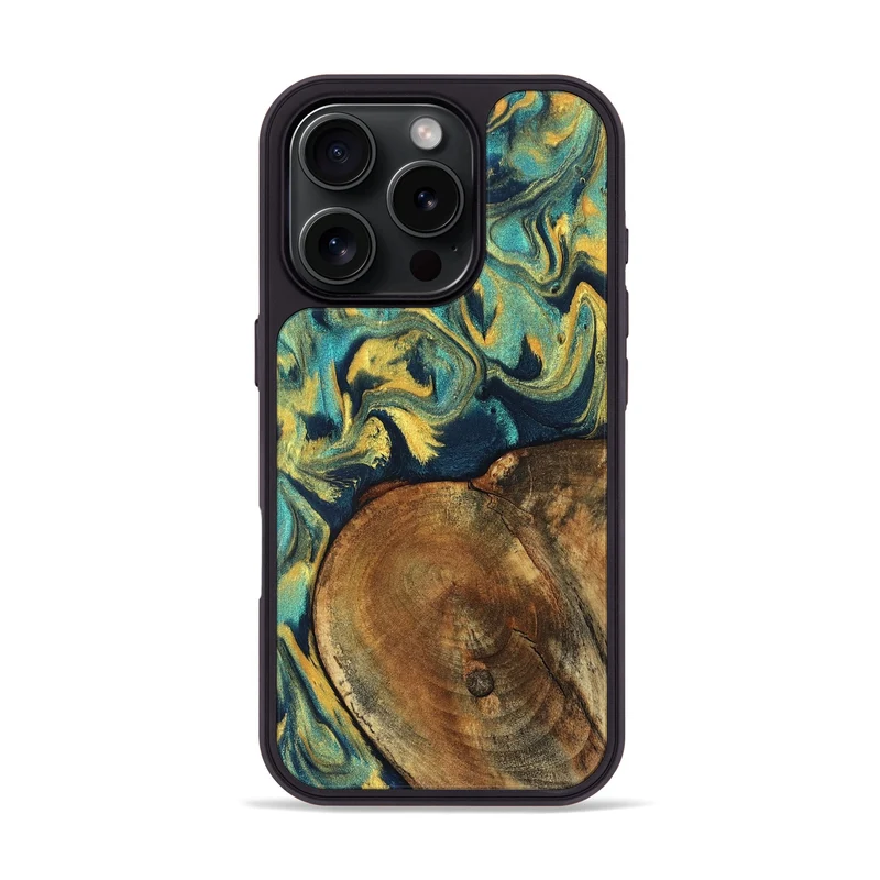 iPhone 16 Pro Wood Phone Case - Odie (Teal & Gold, 829995)