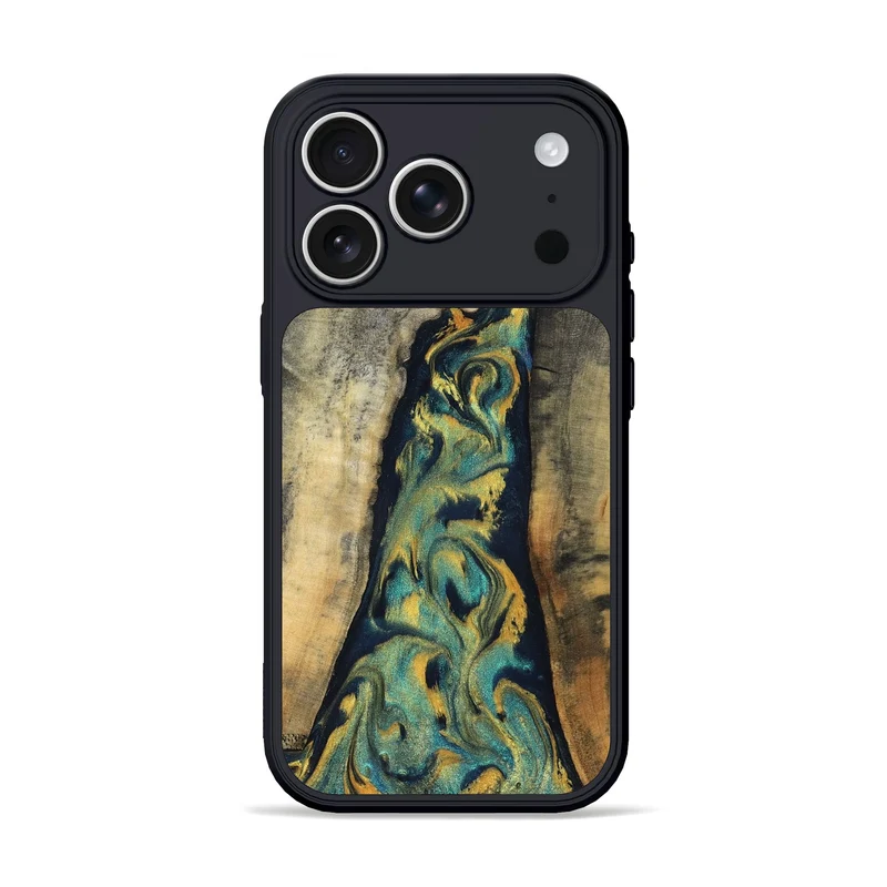 iPhone 17 Pro Wood Phone Case - Vicente (Teal & Gold, 830000)