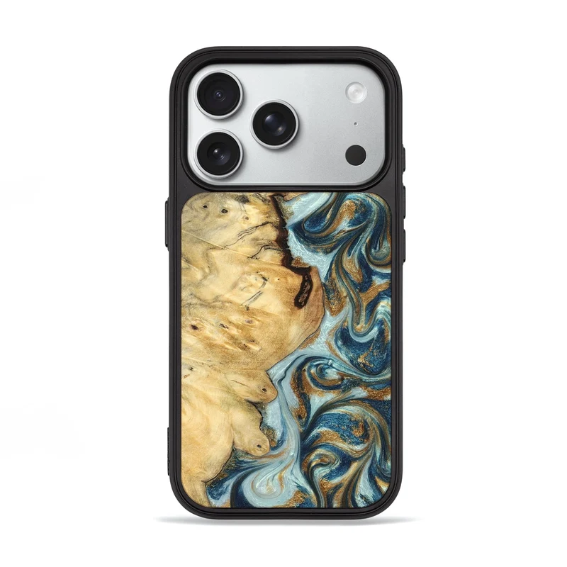 iPhone 18 Pro Wood Phone Case - Rebecca (Teal & Gold, 830005)