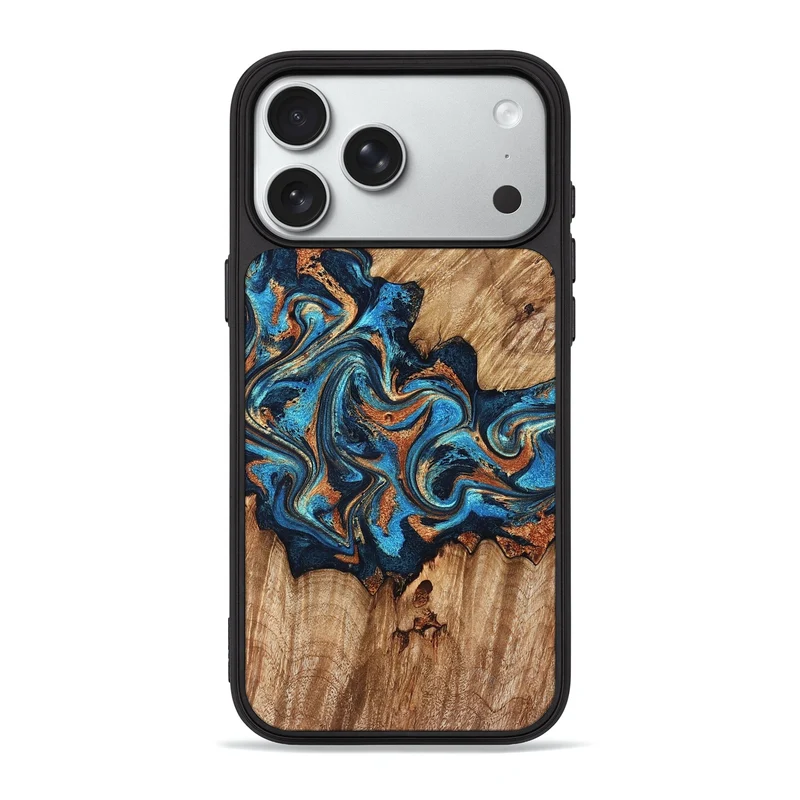 iPhone 18 Pro Max Wood Phone Case - Indigo (Teal & Gold, 829999)