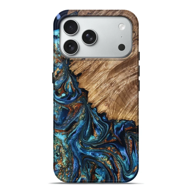 iPhone 18 Pro Max Wood Live Edge Phone Case - Maliyah (Teal & Gold, 829834)