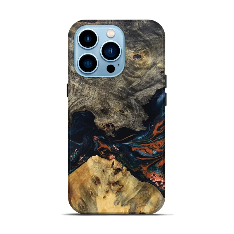 iPhone 14 Pro Wood Live Edge Phone Case - Yehuda (Teal & Gold, 829836)