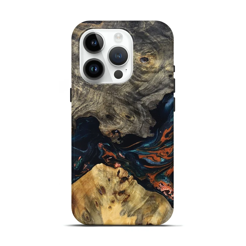 iPhone 15 Pro Wood Live Edge Phone Case - Yehuda (Teal & Gold, 829836)