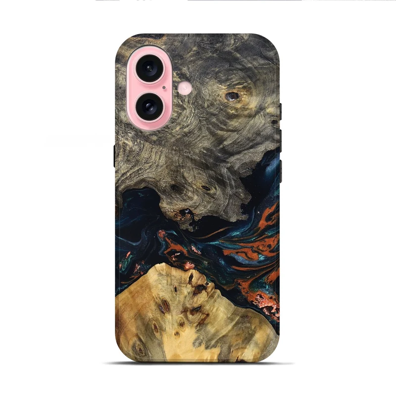 iPhone 16 Wood Live Edge Phone Case - Yehuda (Teal & Gold, 829836)