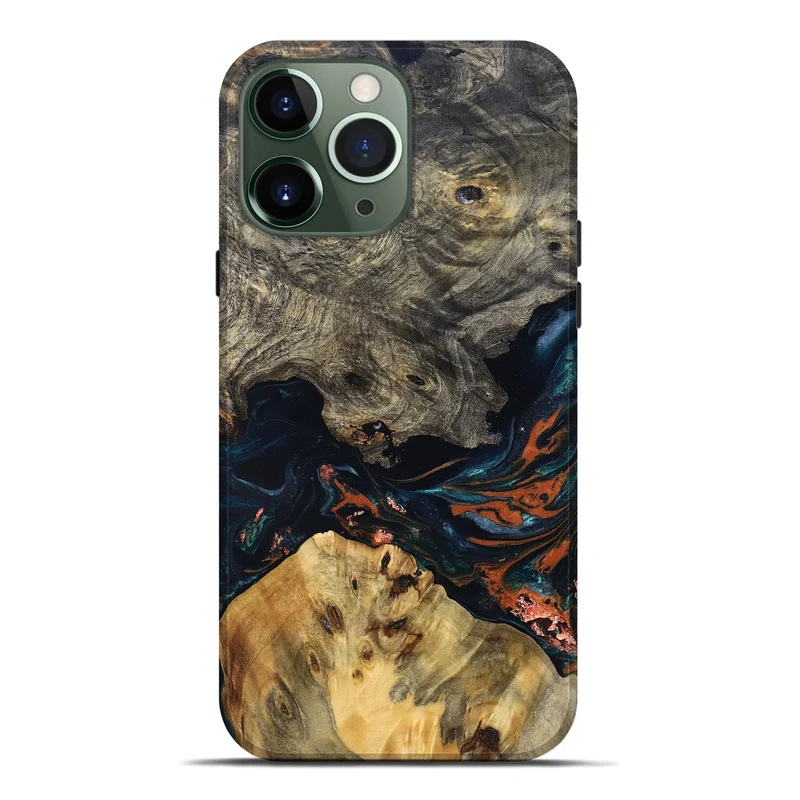 iPhone 13 Pro Max Wood Live Edge Phone Case - Yehuda (Teal & Gold, 829836)