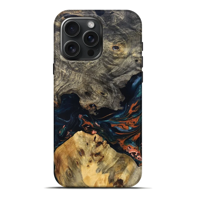 iPhone 16 Pro Max Wood Live Edge Phone Case - Yehuda (Teal & Gold, 829836)