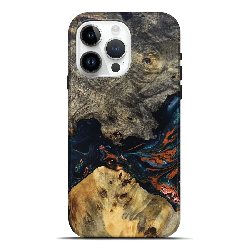 iPhone 15 Pro Max Wood Live Edge Phone Case - Yehuda (Teal & Gold, 829836)