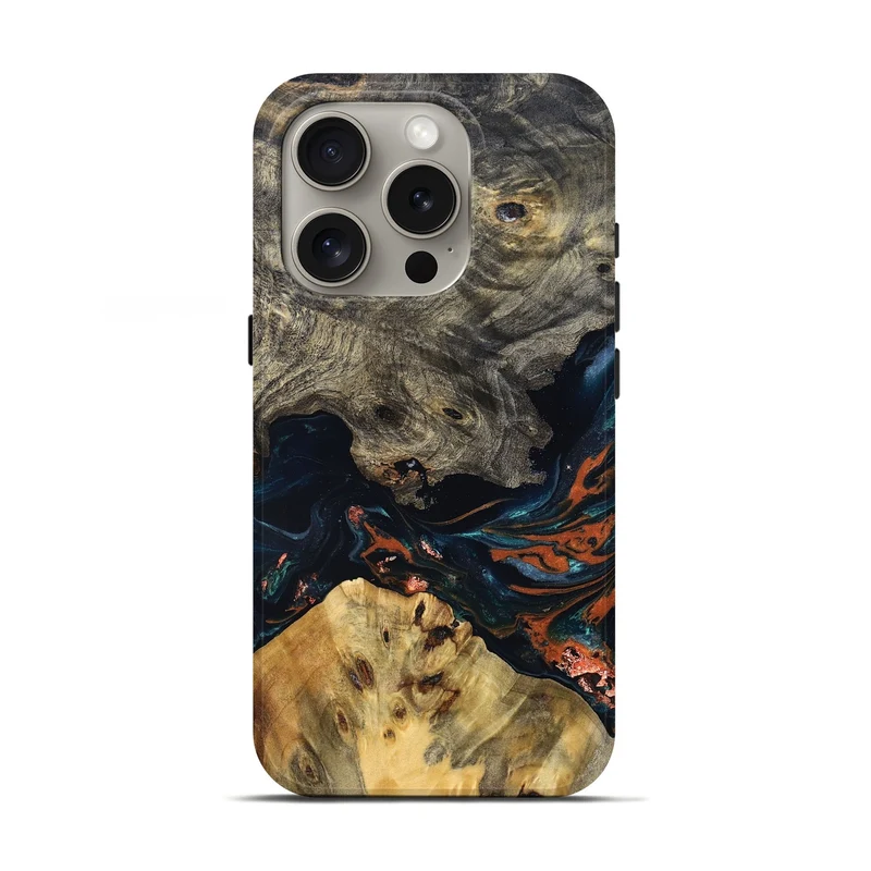 iPhone 16 Pro Wood Live Edge Phone Case - Yehuda (Teal & Gold, 829836)