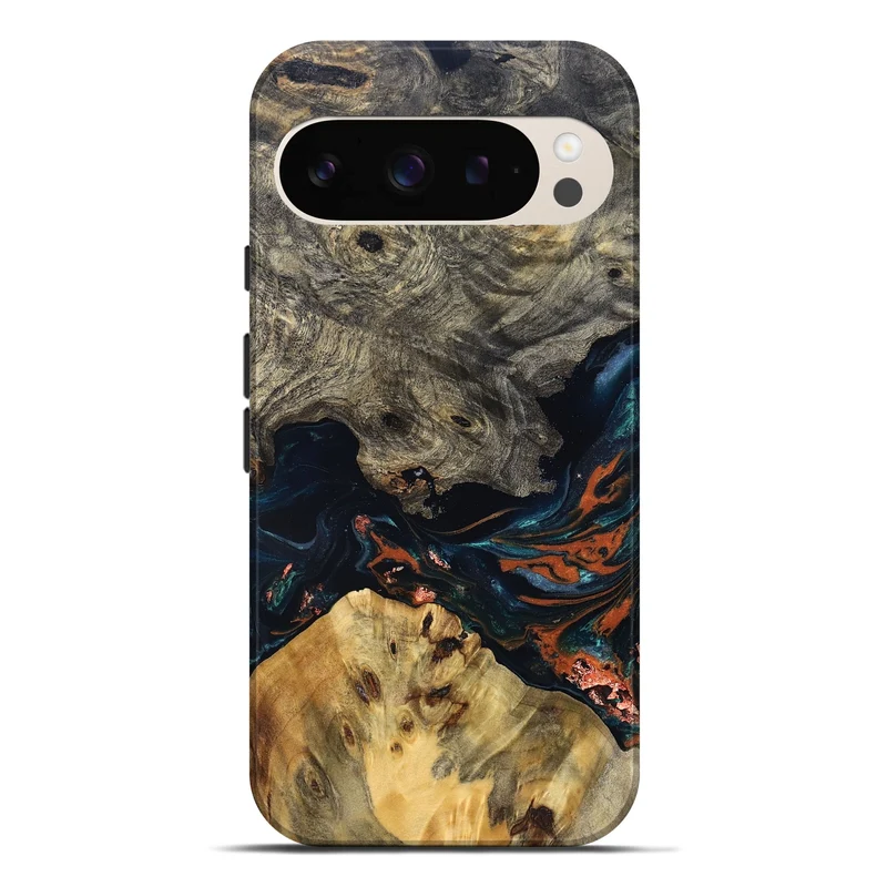 Pixel 9 Pro XL Wood Live Edge Phone Case - Yehuda (Teal & Gold, 829836)