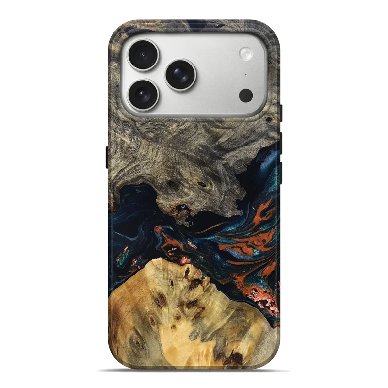 iPhone 17 Pro Max Wood Live Edge Phone Case - Yehuda (Teal & Gold, 829836)