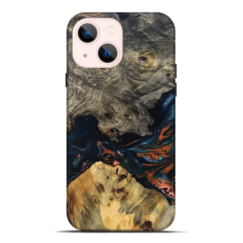 iPhone 14 Plus Wood Live Edge Phone Case - Yehuda (Teal & Gold, 829836)