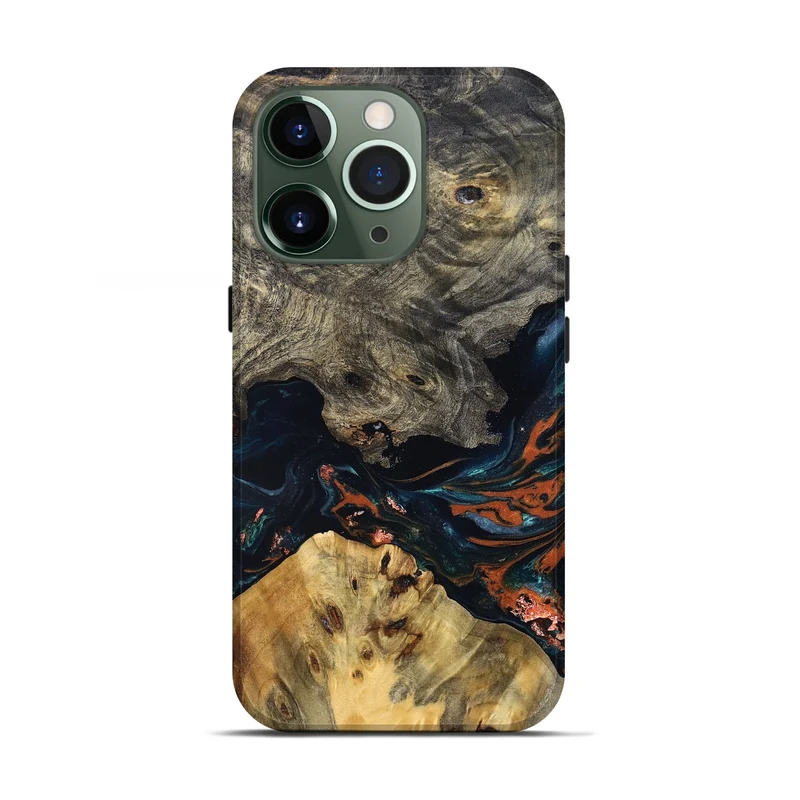 iPhone 13 Pro Wood Live Edge Phone Case - Yehuda (Teal & Gold, 829836)