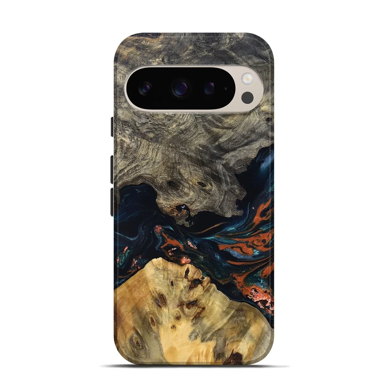 Pixel 9 Pro Wood Live Edge Phone Case - Yehuda (Teal & Gold, 829836)