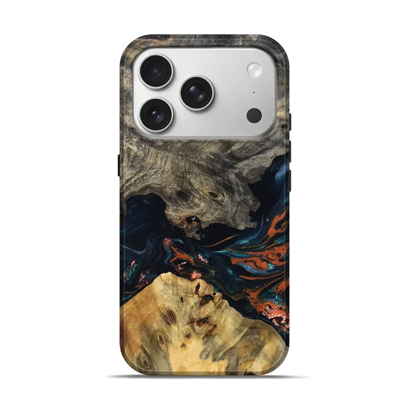 iPhone 17 Pro Wood Live Edge Phone Case - Yehuda (Teal & Gold, 829836)