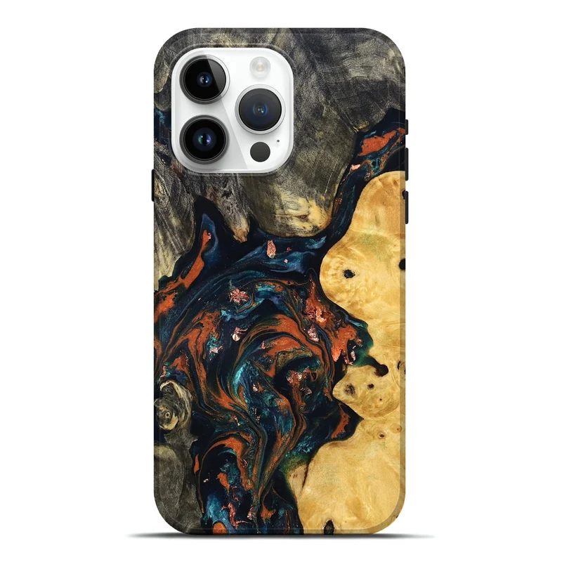 iPhone 15 Pro Max Wood Live Edge Phone Case - Joana (Teal & Gold, 829855)
