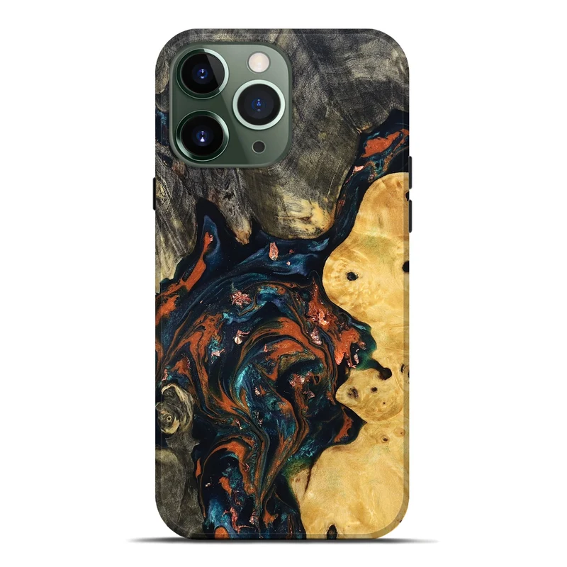 iPhone 13 Pro Max Wood Live Edge Phone Case - Joana (Teal & Gold, 829855)