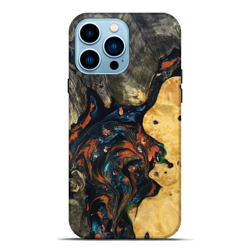 iPhone 14 Pro Max Wood Live Edge Phone Case - Joana (Teal & Gold, 829855)