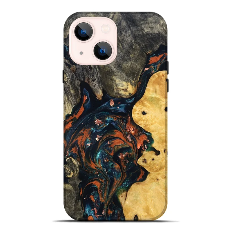 iPhone 14 Plus Wood Live Edge Phone Case - Joana (Teal & Gold, 829855)