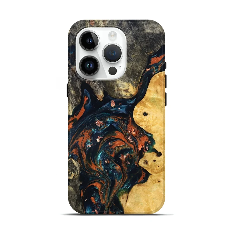 iPhone 15 Pro Wood Live Edge Phone Case - Joana (Teal & Gold, 829855)